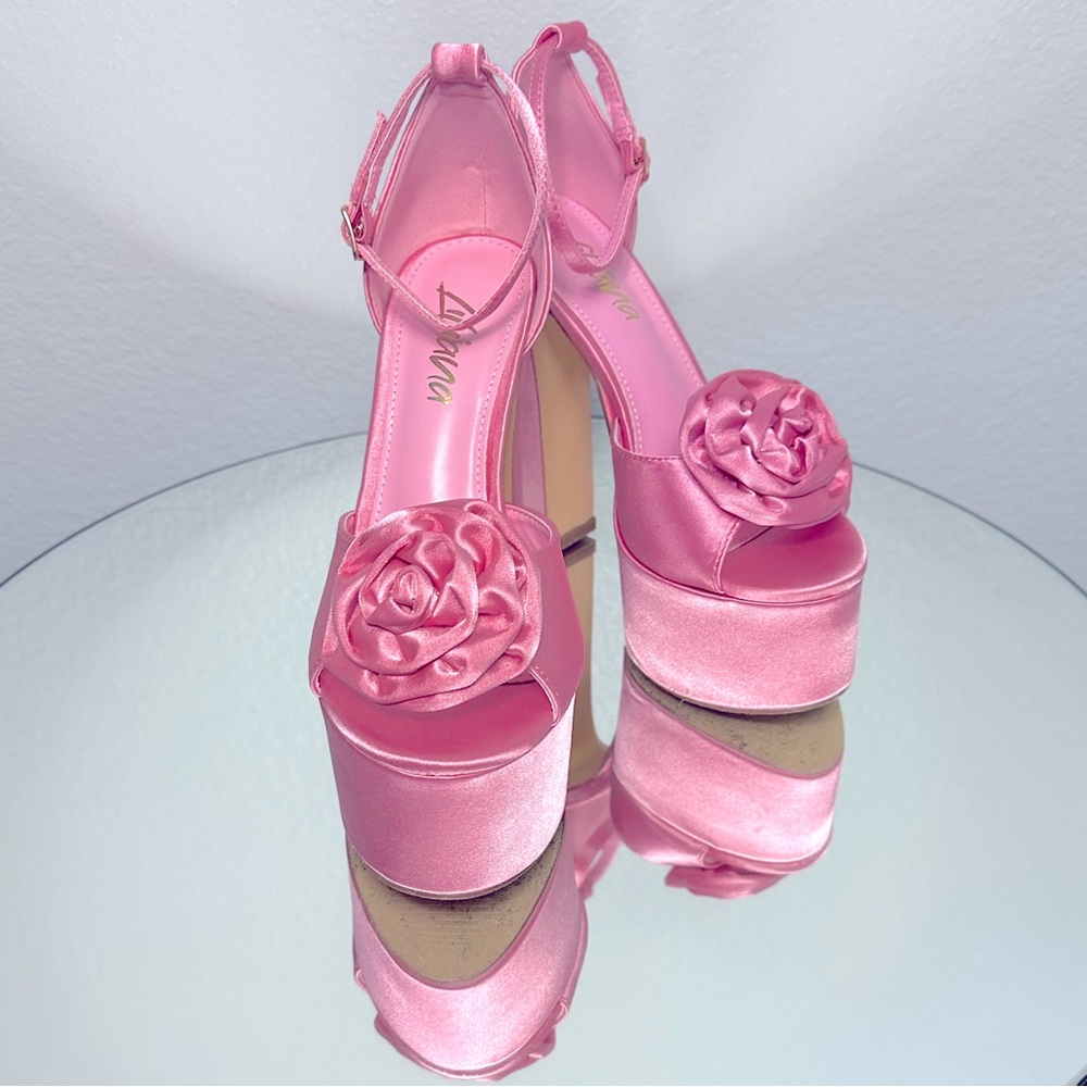 Pink Satin Rose Bud Heels